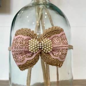 Boutique Baby Headband Bow with Lace Pearls Jute Rhinestones, Rustic Country